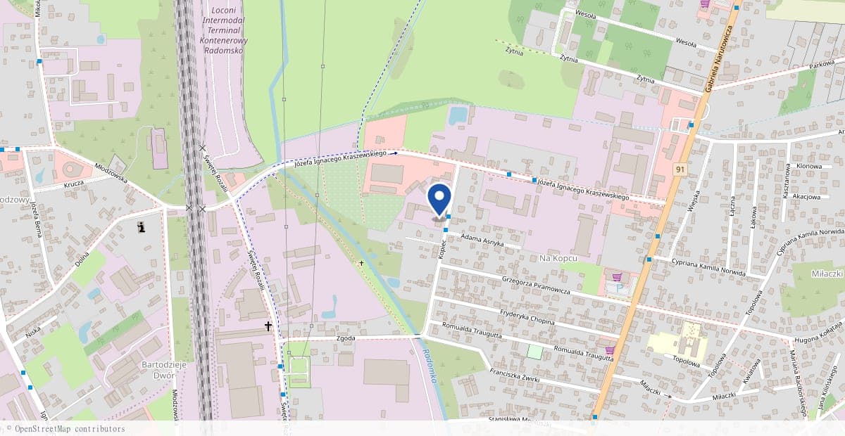 Mapa z zaznaczonym punktem: ul. Kopiec 15, 97-500 Radomsko